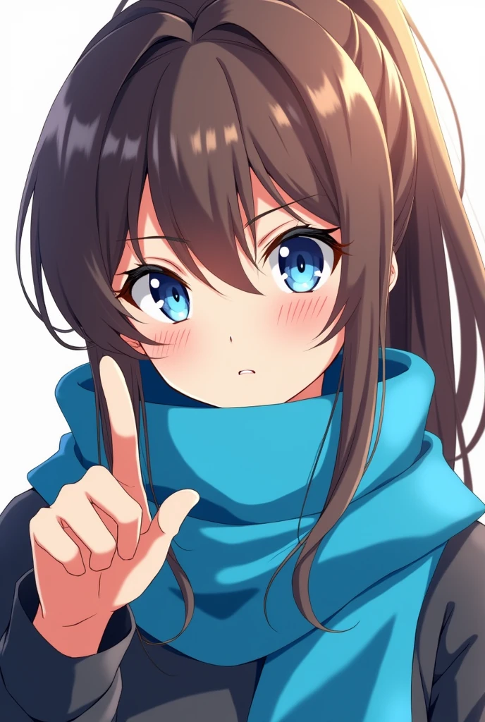 Anime girl, Blue eyes, brown hair, ponytail, blue scarf, mouth hidden with scarf, pointing at you 