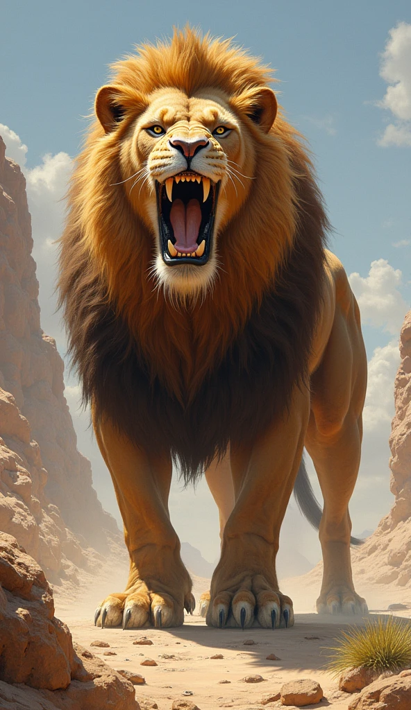 Lion and camel hybrid production result, body shape camel,roaring and big teeth,body muscle
