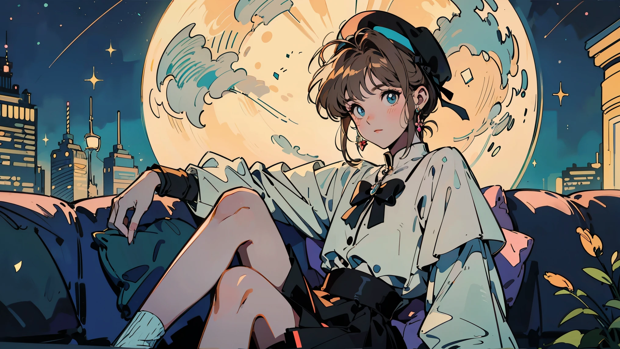 Card Captor Sakura。 beret。Full moon and starry sky, Sitting on the couch , One person, A glittering cityscape in the foreground、skirt