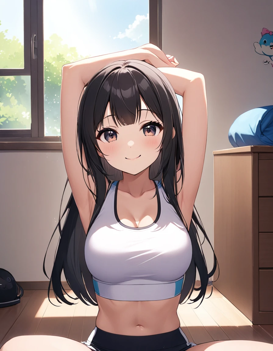 Girl,cute,kawaii,Chest to head,smile,Straight Hair,Long Hair,Black Hair,sitting,my room,sports bra top,looking at the camera,Raise your arms,Stretching, daylight