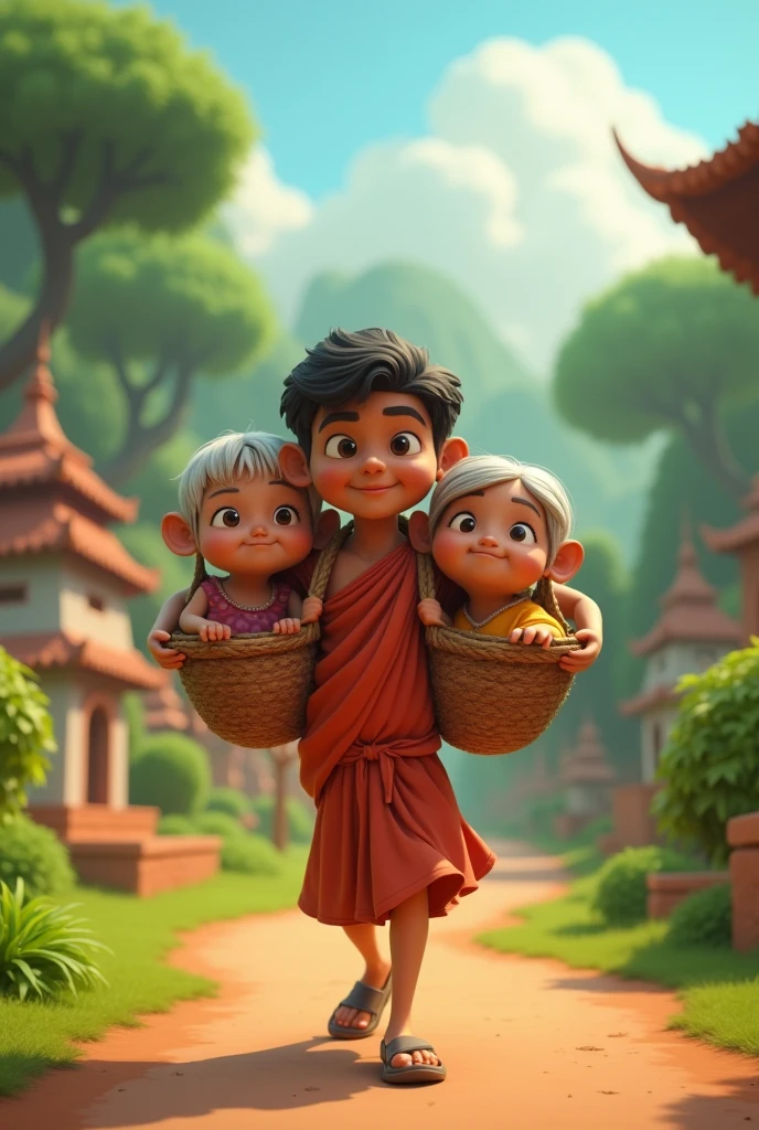  In cinamatic 3d cartoon "Shravana Kumar was a devout and obedient son. His parents were blind, and he had dedicated his entire life to serving them. One day, his parents expressed their desire to go on a pilgrimage. Shravana Kumar immediately honoured their wish and began carrying  by placing them in two baskets hung from a pole on his shoulders to various holy sites."