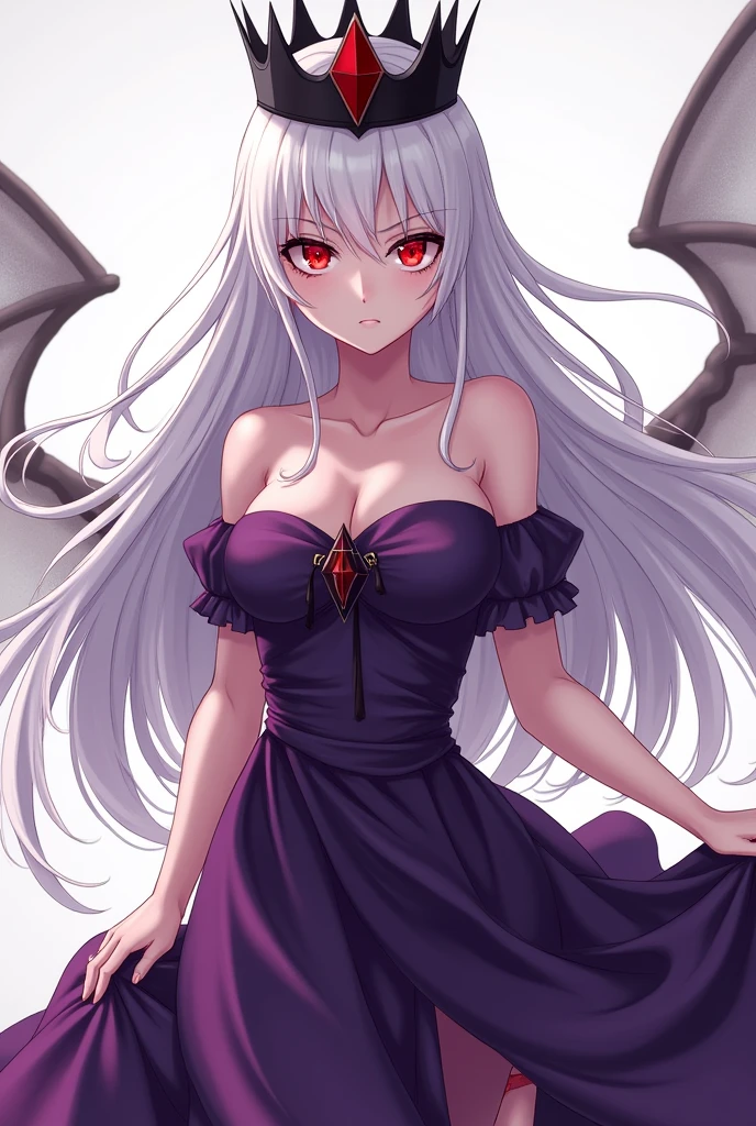 A girl with long white hair, red eyes, She has a beautiful purple dress, a black crown and a fierce look, She is a beautiful vampire girl. The drawing is in anime style