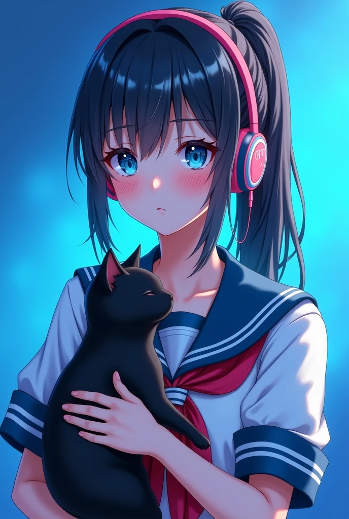 ((masterpiece,Highest quality)), 8k, anime , Realistic ,sketch, anime風のポートレート, 黒猫を連れたanimeの女性, 1, Blue gradient background, High school girl sailor uniform, Neon ponytail hair, lip, Wear headphones, Texture Trim, Canadian, Upper Body, (masterpiece,Highest quality)