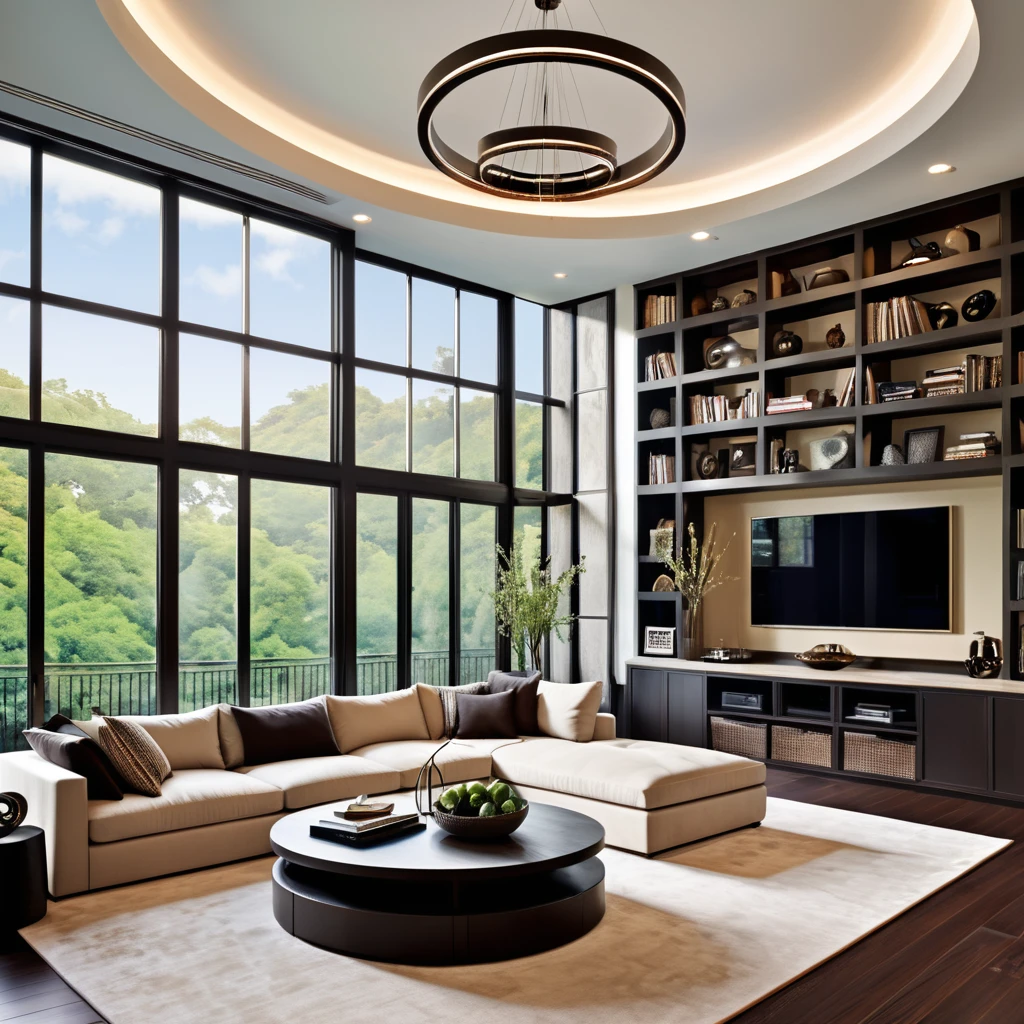 Design a luxurious and modern living room with high ceilings and a sophisticated aesthetic. The room features a large sectional sofa with a mix of neutral and dark pillows, a stylish round coffee table, and a sleek entertainment center with built-in shelving. The space is illuminated by elegant circular pendant lights hanging from the ceiling. Large floor-to-ceiling windows allow natural light to flood the room, highlighting the contemporary decor and creating an inviting atmosphere. Add a few decorative items and books on the shelves to enhance the sophisticated feel.
