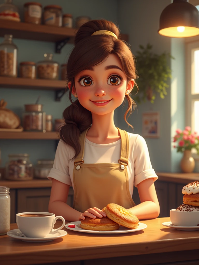 Un petit café avec une vitrine pleine de pâtisseries. Sarah est derrière le comptoir, souriante, servant ses premiers clients avec fierté.