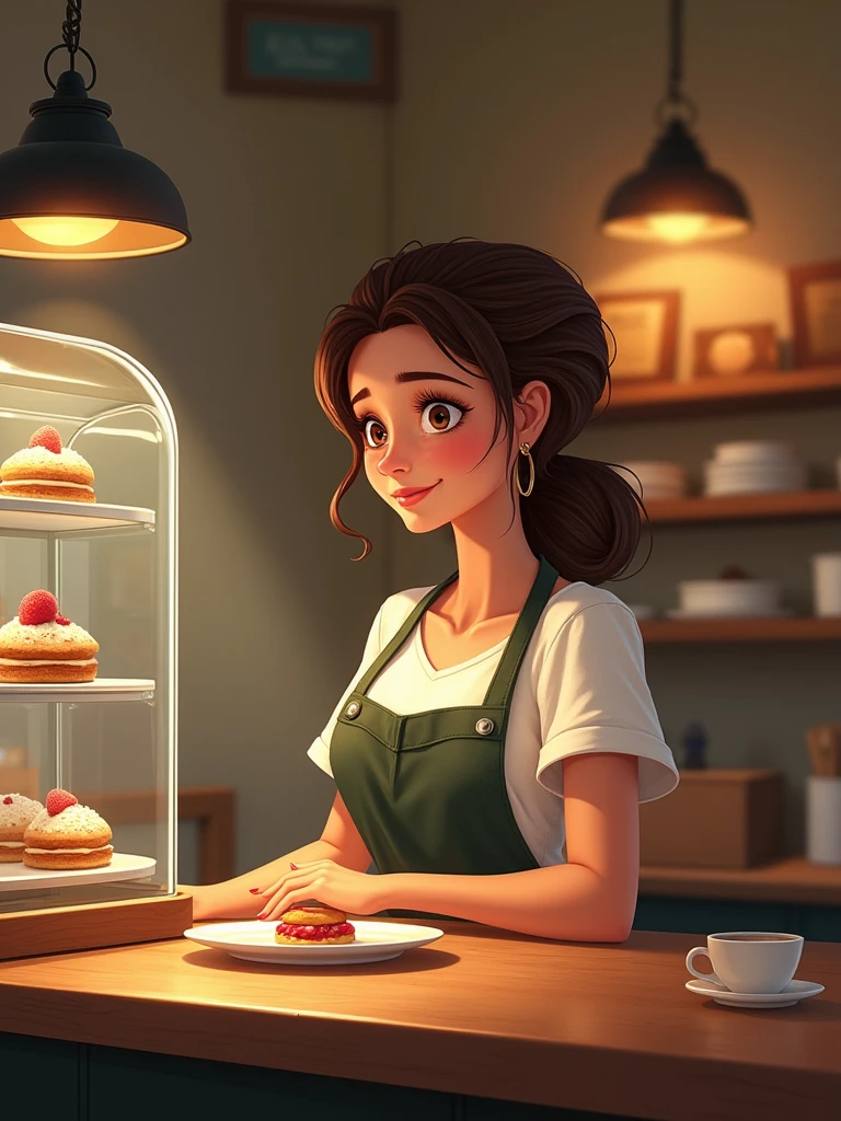 Un petit café avec une vitrine pleine de pâtisseries. Sarah est derrière le comptoir, souriante, servant ses premiers clients avec fierté.