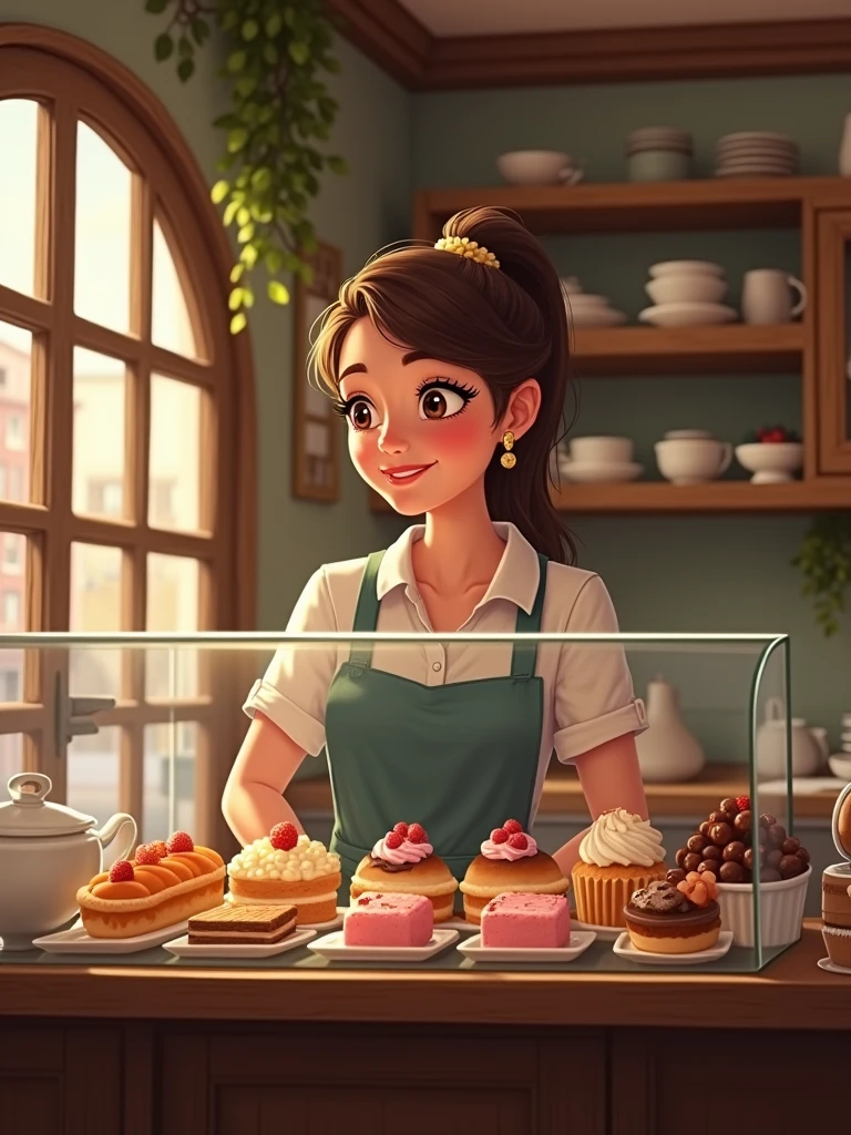 Un petit café avec une vitrine pleine de pâtisseries. Sarah est derrière le comptoir, souriante, servant ses premiers clients avec fierté.