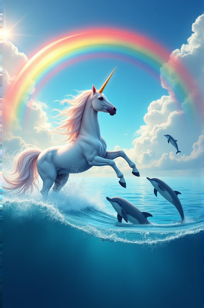 Unicorn and dolphins and rainbow over the sea