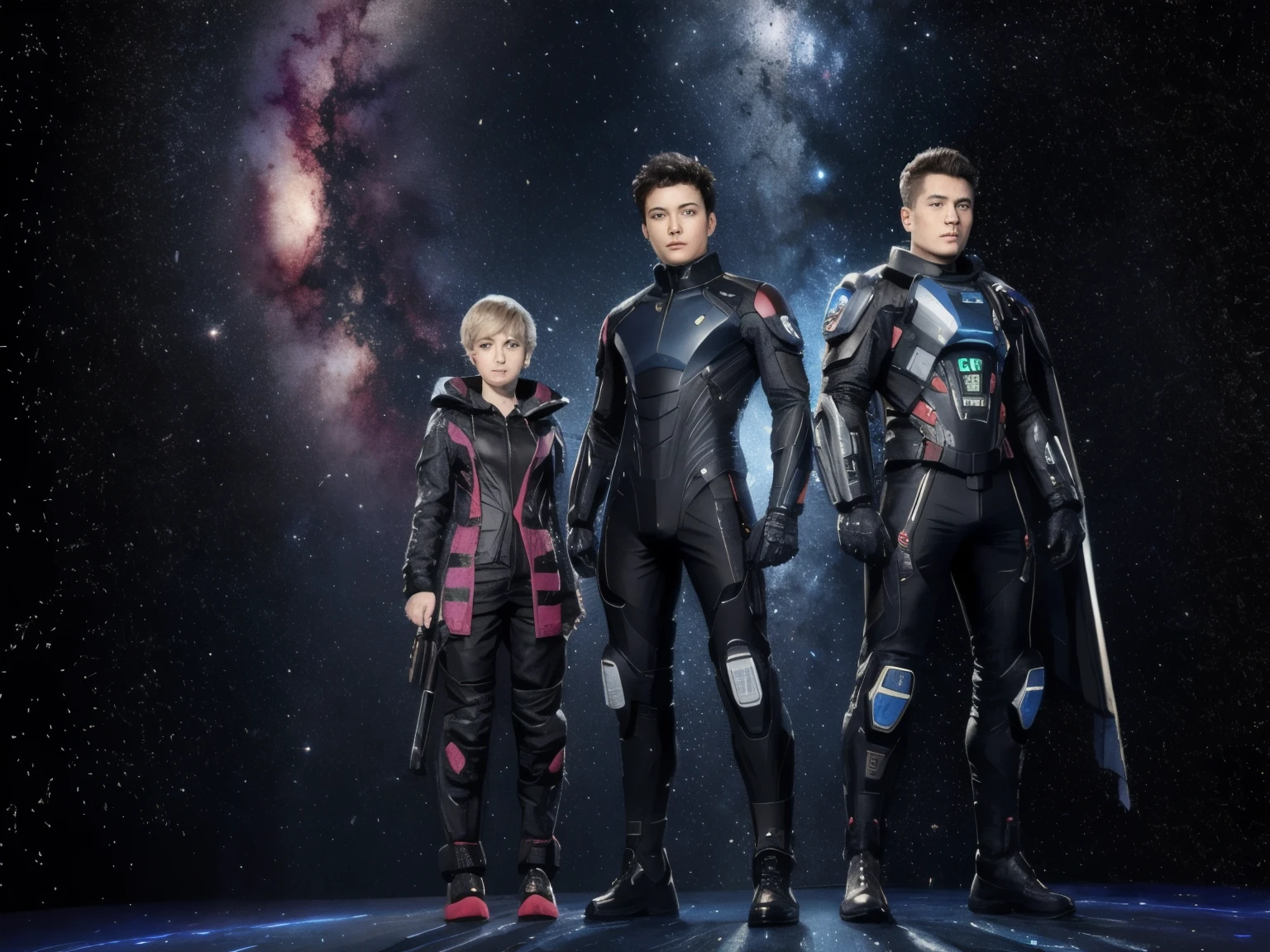 277 (20-year-old woman,short hair), (20-year-old male), Are standing, flower, Futuristic clothing, machinery suit, (The background is a galaxy and nebula)