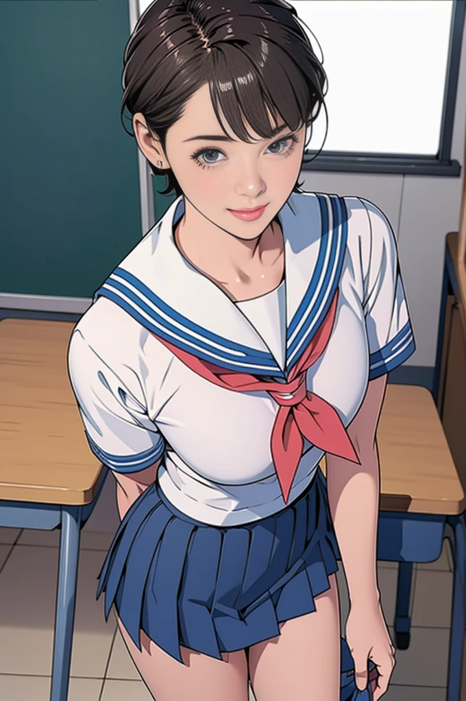 individual,short hair,Photorealism,detailed,masterpiece,Primary school students,Standing,Sailor Suit,Pleated Skirt,In classrooms,cute,Smile,