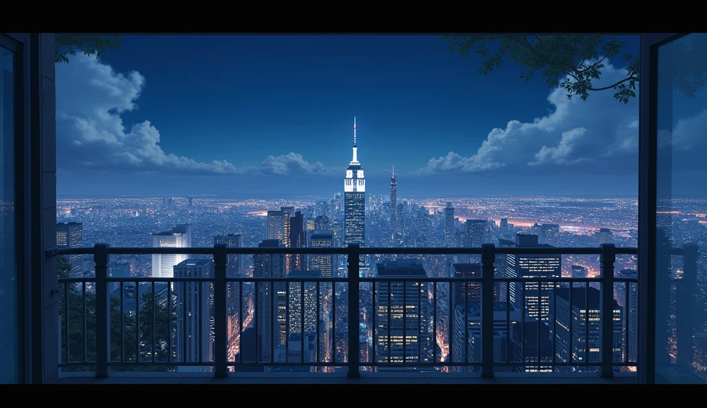 view of a city from a balcony, night, no people, light clouds, In the style of Makoto Shinkai。master piece, ultra detail, precision, ultra-realistic, anime art, unreal engine render