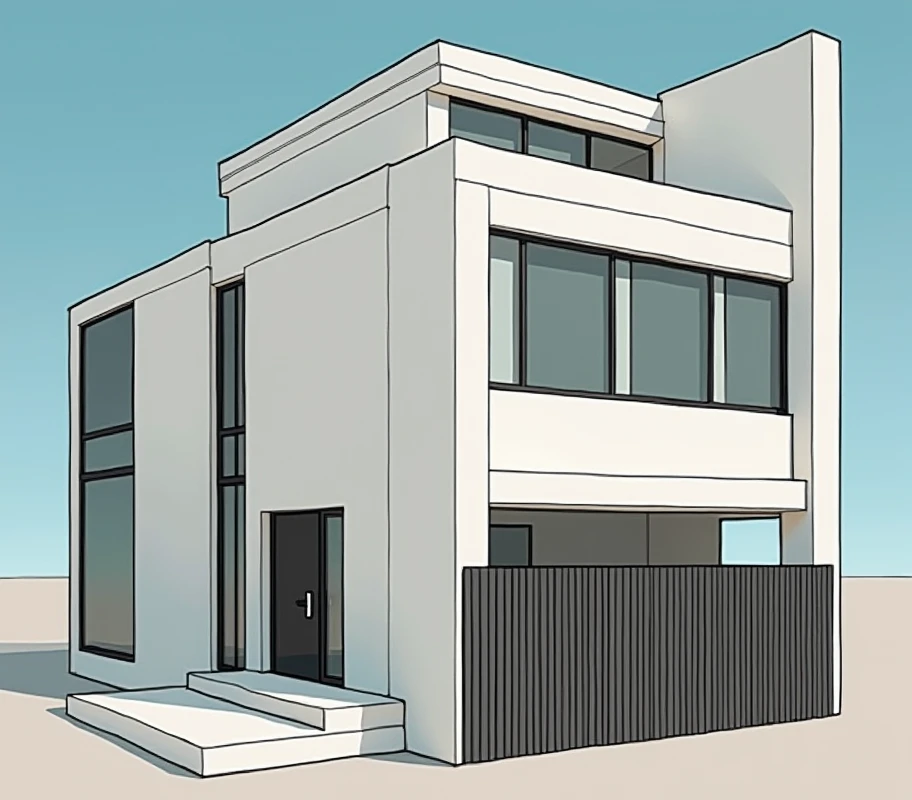 Make a medium-sized building with large glass windows facing downwards,In the center there is a black door. Everything I want is a minimalist. use image to draw, dont change anything