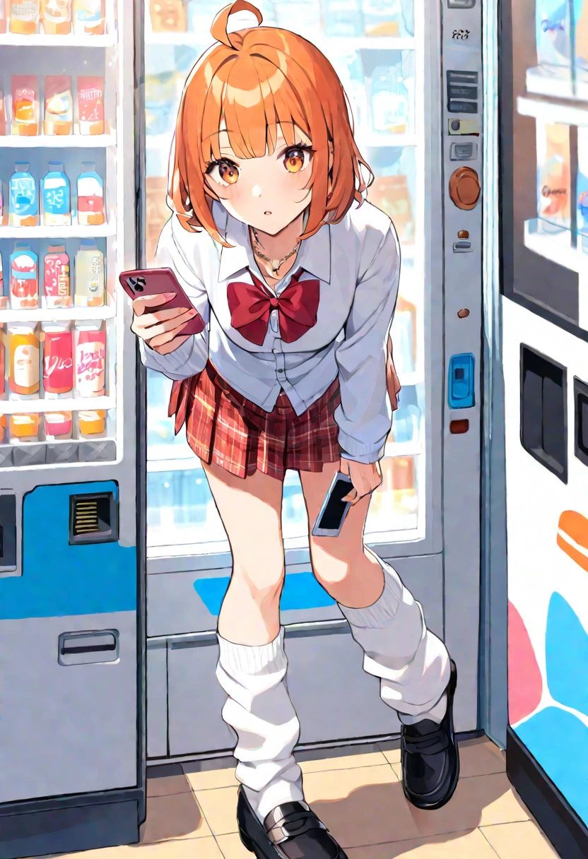 1girl, solo, bangs, skirt, shirt, bow, holding, brown eyes, jewelry, school uniform, white shirt, ahoge, pleated skirt, outdoors, parted lips, shoes, socks, bowtie, medium hair, necklace, black footwear, orange hair, red bow, orange eyes, plaid, leaning forward, red skirt, plaid skirt, phone, cardigan, cellphone, white socks, loafers, red bowtie, smartphone, holding phone, loose socks, vending machine