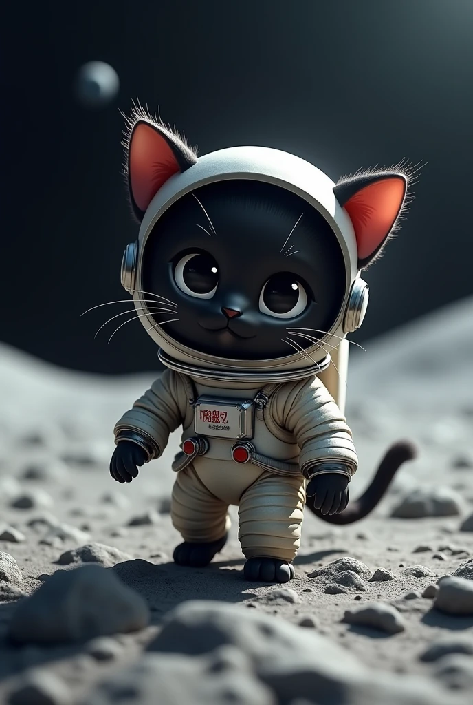 Black cute  cat  in space suit  in moon suface 