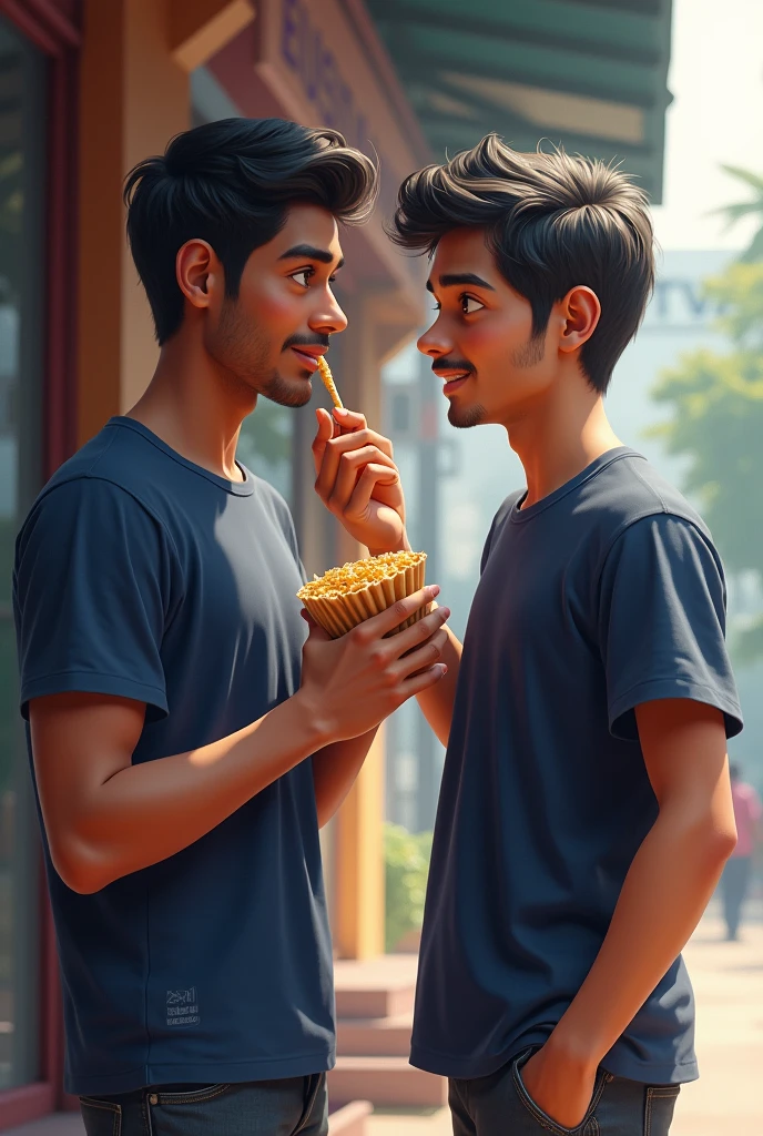 A boy his age is 24 , he stand on a shop and eating andy and he have wear a tshirt which colour nevi blue and he looks like an Indian
And a man who calling him gaurav and his dick is very big with a sexy girl