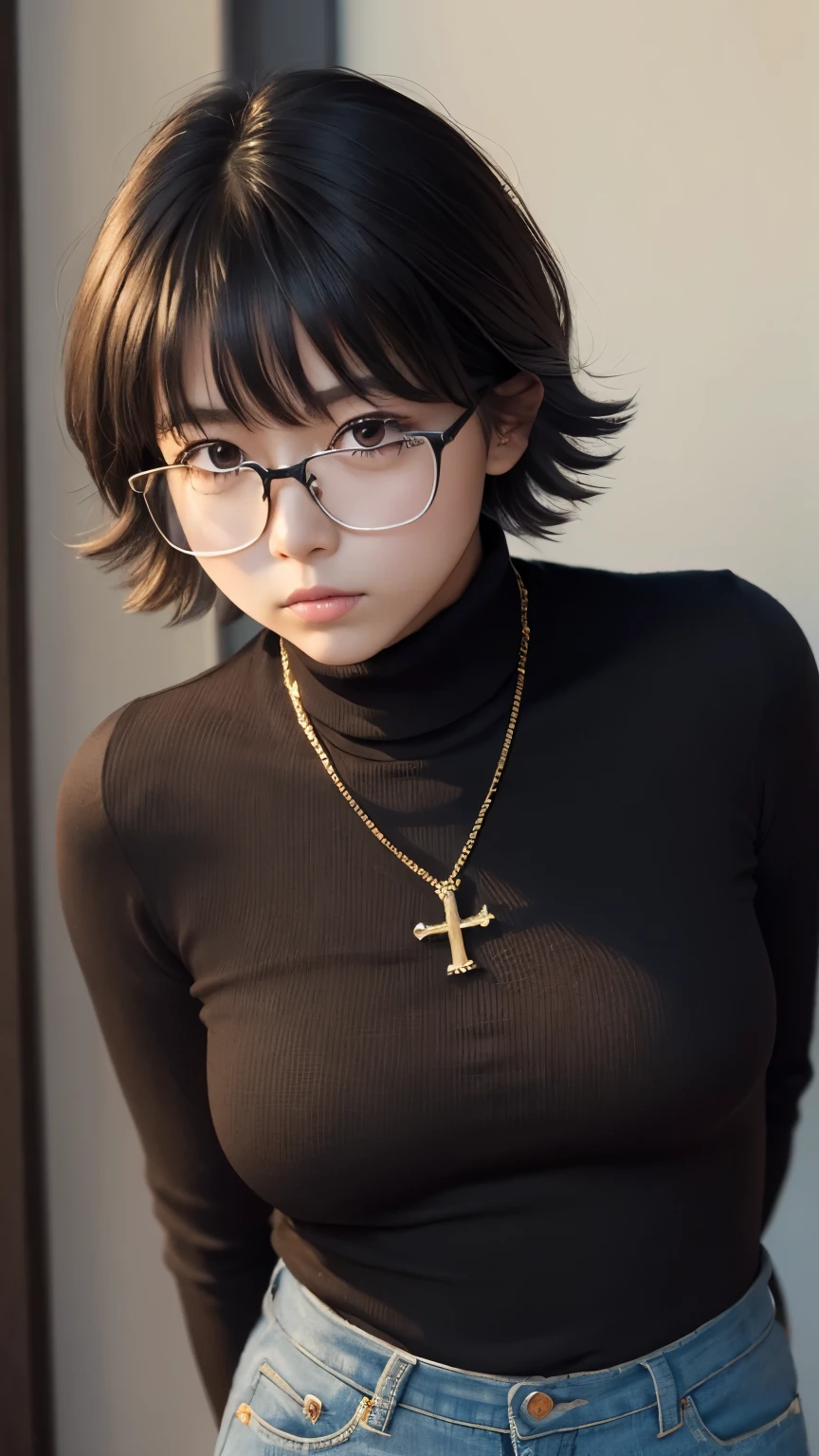 (masterpiece, Highest quality:1.2), Cowboy Shot, alone, One girl, Shizuku Murasaki, Expressionless, View your viewers, Put your arms behind your back, Short layered hair bangs, Brown eyes, large square glasses, Black turtleneck, , jeans, Exposed abdomen, Cross Necklace