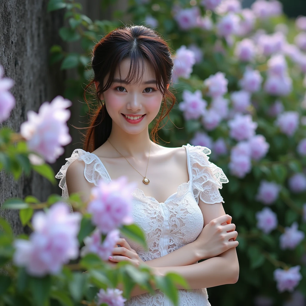 (Highest quality:1.4),(masterpiece:1.4),(Realistic:1.4),(Realistic:1.2),(超High resolution, RAW Photos:1.4),(High resolution, Very detailed:1.2),(8k:1.2),photograph,(Shot from behind:1.3)、Korean women、brown hair photos,One Woman,alone,(In underwear),Very large breasts,((Thigh to head shot:1.3))、(((topless、You can see her large breasts from the side.)))、((Toothy smile))、((Very large breasts:1.4))、Realistic skin textures、Slightly freckled、Slender figure、Realistic skin textures、((background,Concrete wall:1.3)),(topless,The breast is visible from the side:1.6),(Long lace slip,White)、3 woman、The angle at which the nipple is not visible、((Updo long hairstyle))、((Black,Long lace slip:1.4))、Correct toes、Detailed facial features、Long slip covers the buttocks and soles of the feet、Long slip covers your butt、