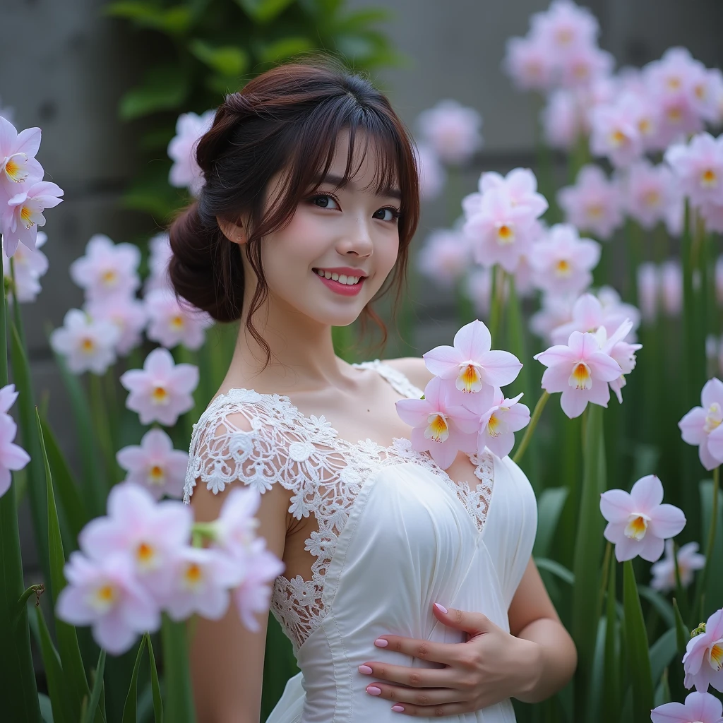 (Highest quality:1.4),(masterpiece:1.4),(Realistic:1.4),(Realistic:1.2),(超High resolution, RAW Photos:1.4),(High resolution, Very detailed:1.2),(8k:1.2),photograph,(Shot from behind:1.3)、Korean women、brown hair photos,One Woman,alone,(In underwear),Very large breasts,((Thigh to head shot:1.3))、(((???????、You can see her large breasts from the side.)))、((Toothy smile))、((Very large breasts:1.4))、Realistic skin textures、Slightly freckled、Slender figure、Realistic skin textures、((background,Concrete wall:1.3)),(???????,The breast is visible from the side:1.6),(Long lace slip,White)、3 woman、The angle at which the nipple is not visible、((Updo long hairstyle))、((Black,Long lace slip:1.4))、Correct toes、Detailed facial features、Long slip covers the buttocks and soles of the feet、Long slip covers your butt、