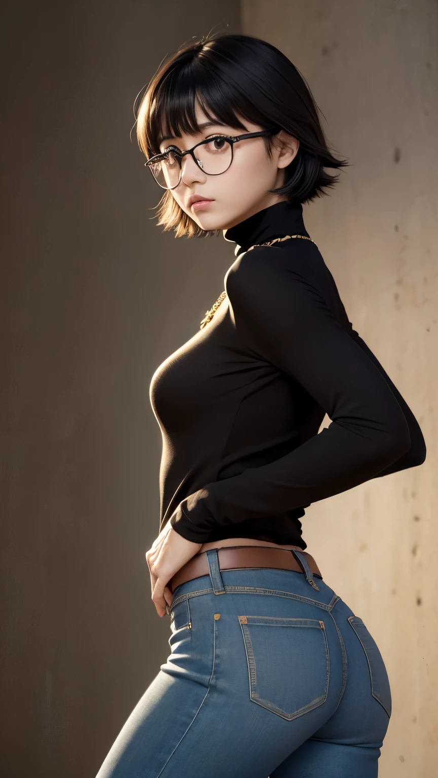 (masterpiece, Highest quality:1.2), Cowboy Shot, alone, One girl, Shizuku Murasaki, Expressionless, View your viewers, Put your arms behind your back, Short layered hair bangs, Brown eyes, large square glasses, Black turtleneck, , jeans, Exposed abdomen, Cross Necklace