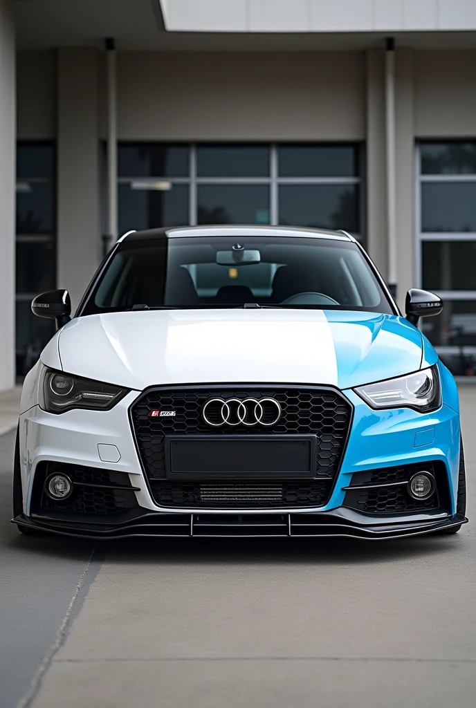 Audi A1 8X Sportback, Year of construction 2013, Honeycomb grill in black gloss, Maxton Design spoiler lip front black high gloss, s-line roof spoiler in black gloss, Barracuda summa rims 17 inch in matt bronze, Coilover suspension DTS ST X, Two-face foiling in white and "Hexis Ti-Blue Gloss", Divider in black