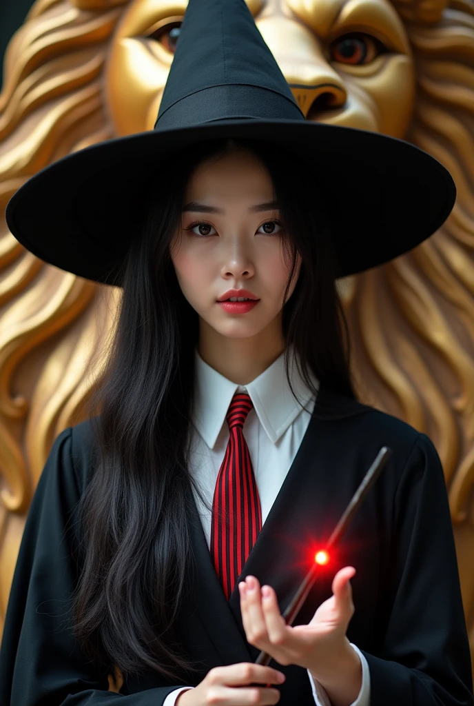 photo, asian woman, white skin, Turn your face and look straight ahead., Black fluffy hair, Wear a black witch hat, Black witch cloak, The inner shirt is a white collar with a white tie with alternating red stripes., Beautiful, slender fingers, In his hand, a red spark flew out of his magic wand., Behind him stands a golden lion.