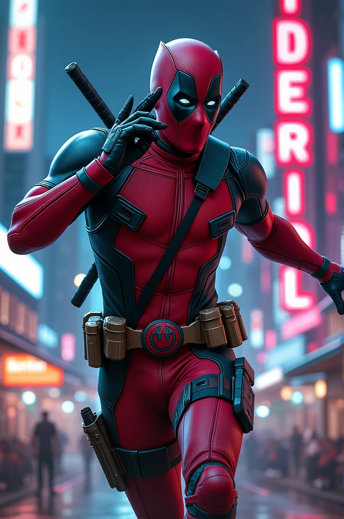 Deadpool with high tech gadgets and killings people in a city in night with  neon light 