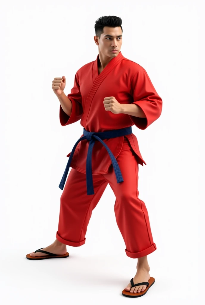 a man expert in karate martial arts, red uniform, dark blue belt wearing flip-flops, white background