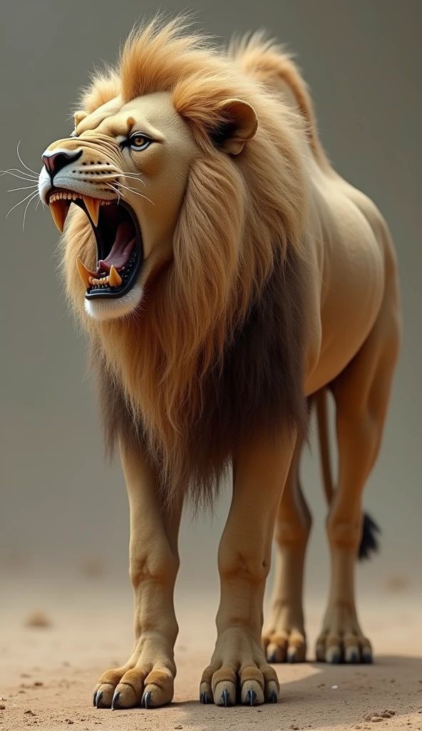 Lion and camel hybrid production result, body shape camel,roaring and big teeth,body look like camel
