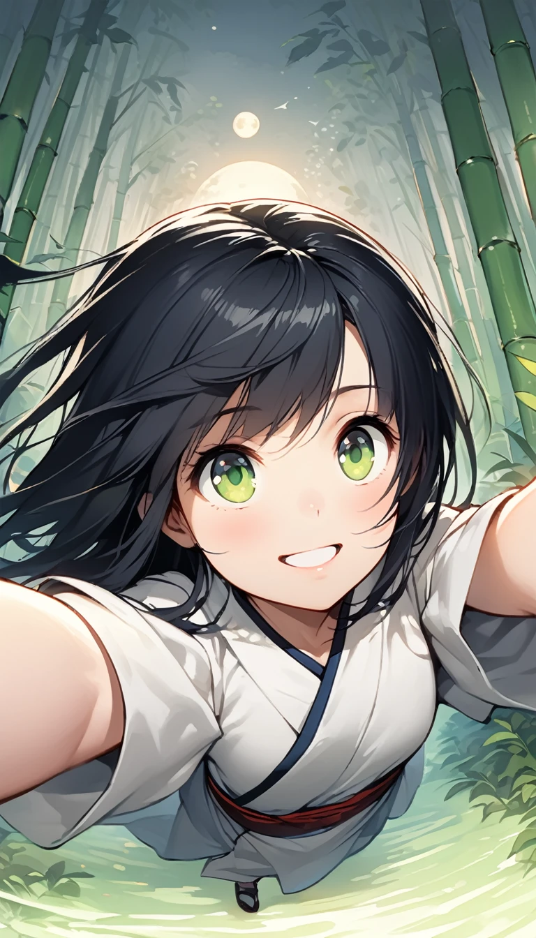 (captures a mid-action selfie:1.5), during a playful pillow fight, alone or with a friend. She has a wide, genuine laugh, with feathers slightly visible in the air around her. The camera angle is slightly tilted, adding dynamic movement to the shot, showcasing the fun and spontaneity of the moment against the backdrop of her disheveled bed and pillows Dynamic ink painting of a Japanese bamboo forest, Great art, Amazing depth, Ground level shot, The most beautiful bamboo forest in the world, Bamboo leaves shining in rainwater, moon\(pale\) In light cloudy weather,alone, One beautiful girl\(Aristocrats of Ancient Japan, Beautiful kimono, Beautiful long black hair\) looking up at the moon holding an umbrella,Light rain, Fireflies flying around, Bamboo leaves are arranged three-dimensionally in the foreground., Long Shot,Colorless,whole body