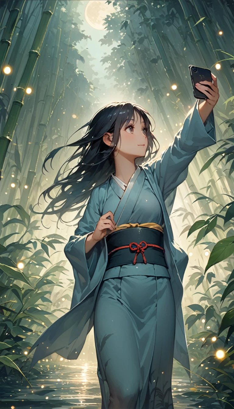 (captures a mid-action selfie:1.5), during a playful pillow fight, alone or with a friend. She has a wide, genuine laugh, with feathers slightly visible in the air around her. The camera angle is slightly tilted, adding dynamic movement to the shot, showcasing the fun and spontaneity of the moment against the backdrop of her disheveled bed and pillows　Dynamic ink painting of a Japanese bamboo forest, Great art, Amazing depth, Ground level shot, The most beautiful bamboo forest in the world, Bamboo leaves shining in rainwater, moon\(pale\) In light cloudy weather,alone, One beautiful girl\(Aristocrats of Ancient Japan, Beautiful kimono, Beautiful long black hair\) looking up at the moon holding an umbrella,Light rain, Fireflies flying around, Bamboo leaves are arranged three-dimensionally in the foreground., Long Shot,Colorless,whole body