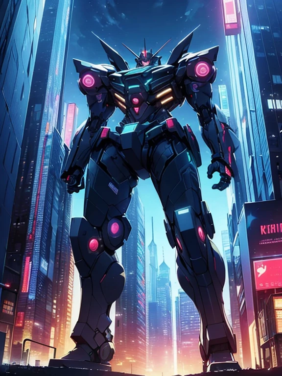 (masterpiece, best quality), High resolution, Very detailed,4K,8k,((from below)),((Late Night),Cyberpunk cityscape,Vibrant neon glow),(A giant robot walks among the tall buildings),((manga,text))