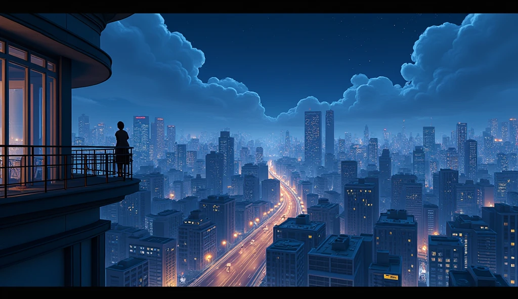 view of a city from a balcony, night, no people, light clouds, master piece, ultra detail, precision, ultra-realistic, anime art,unreal engine render