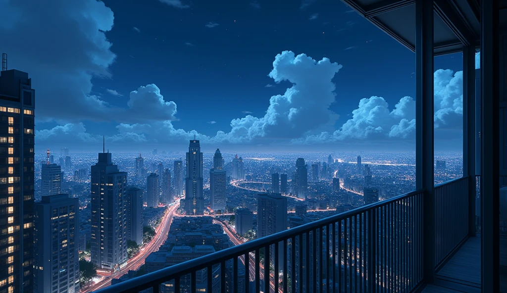 view of a city from a balcony, night, no people, light clouds, master piece, ultra detail, precision, ultra-realistic, anime art,unreal engine render