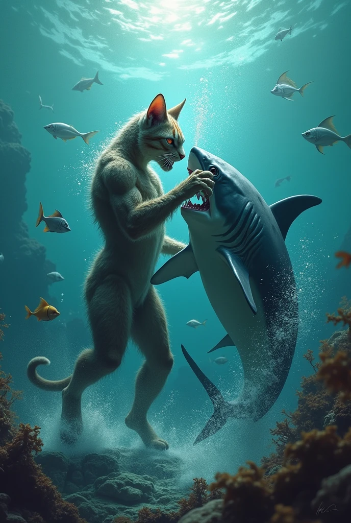 humanoid cat vs shark fight in water