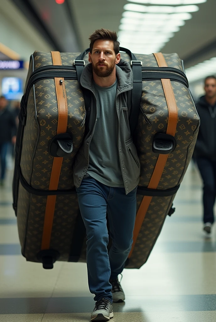 Messi is carrying a huge big luggage 
