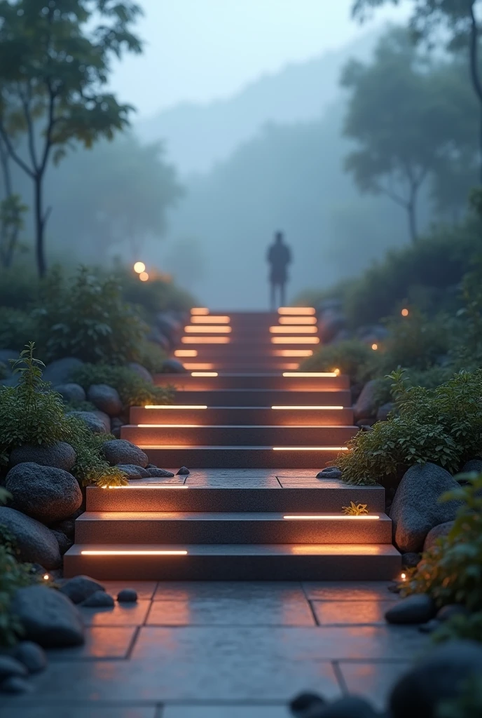 can you make a only 2 pieces of rectangular stairs with led lights with "I ❤️ Norzagaray" on top of the stairs. make the background blurry nature views. make the stairs long on the side