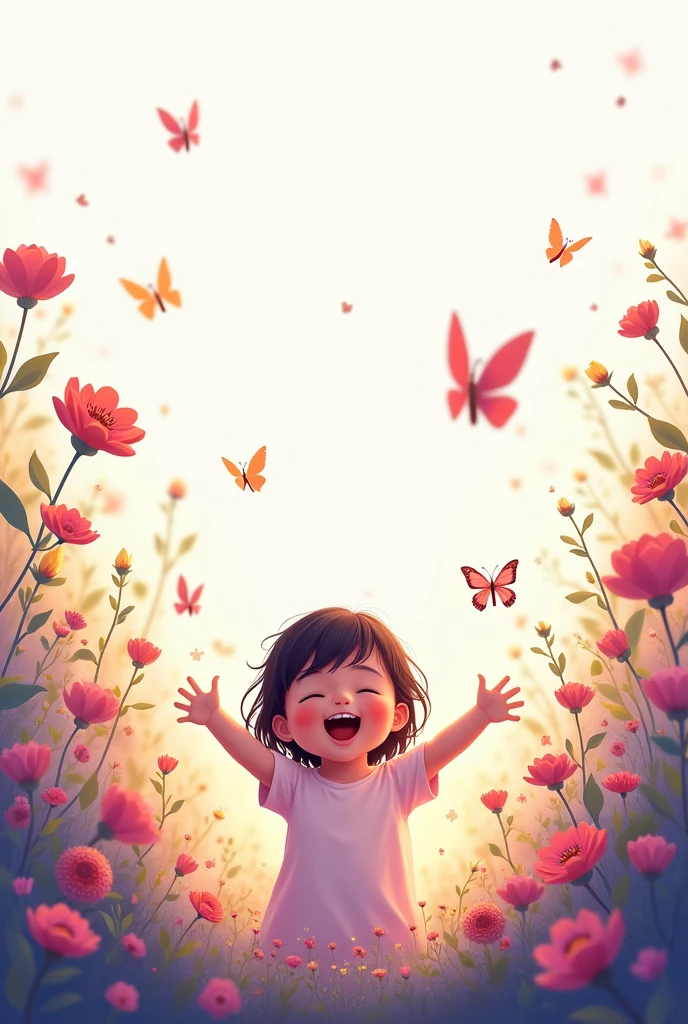 up side white,down side purple shade,blooming beautiful flowers,flying butterflies,little bird flying,cute baby girl raise hands,she smiling,she exciting