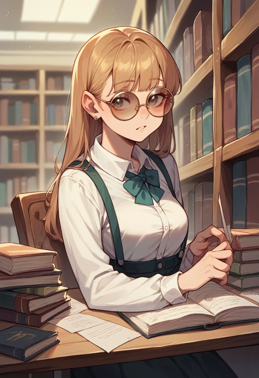 A girl, Wearing round tinted glasses,Background is a bookstore