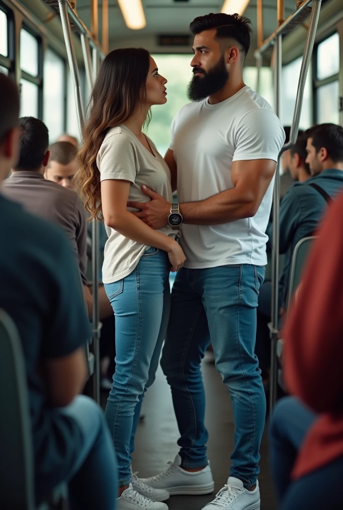 There is a young, strong, bearded Iranian man in a white t-shirt, jeans, White sneakers, sports watch, standing, holding on to the bar inside a public transport bus, side by side being watched by a woman next to him. Bulge, bulge.