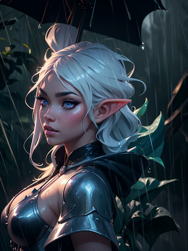 beautiful busty nude Asian elf woman in the rain, extremely detailed face and eyes, long eyelashes, detailed lips, elegant pose, wet hair, photorealistic, 8k, studio lighting, dynamic lighting, fantasy art, cinematic, dramatic atmosphere, moody colors, blue and purple tones, rain and mist effects