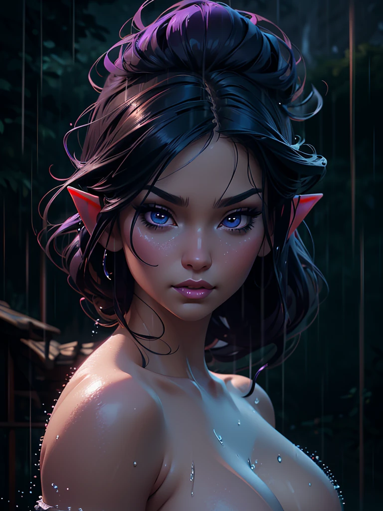 beautiful busty nude Asian elf woman in the rain, extremely detailed face and eyes, long eyelashes, detailed lips, elegant pose, wet hair, photorealistic, 8k, studio lighting, dynamic lighting, fantasy art, cinematic, dramatic atmosphere, moody colors, blue and purple tones, rain and mist effects