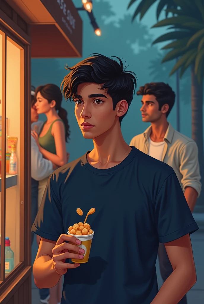 A boy his age is 24 , he stand on a shop and eating andy and he have wear a tshirt which colour nevi blue and he looks like an Indian
And a man who calling him gaurav and his dick is very big with a sexy girl and they are doing sex