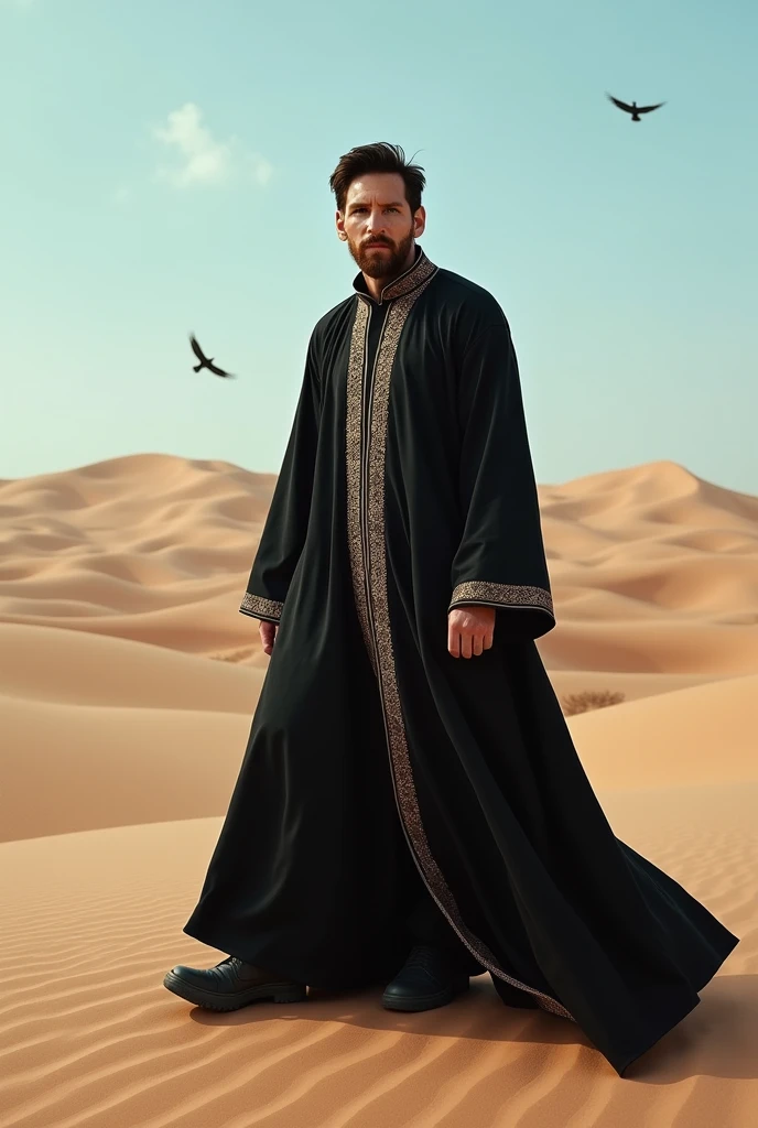 Messi in a desert wearing black dress like a Arabic people with a bird