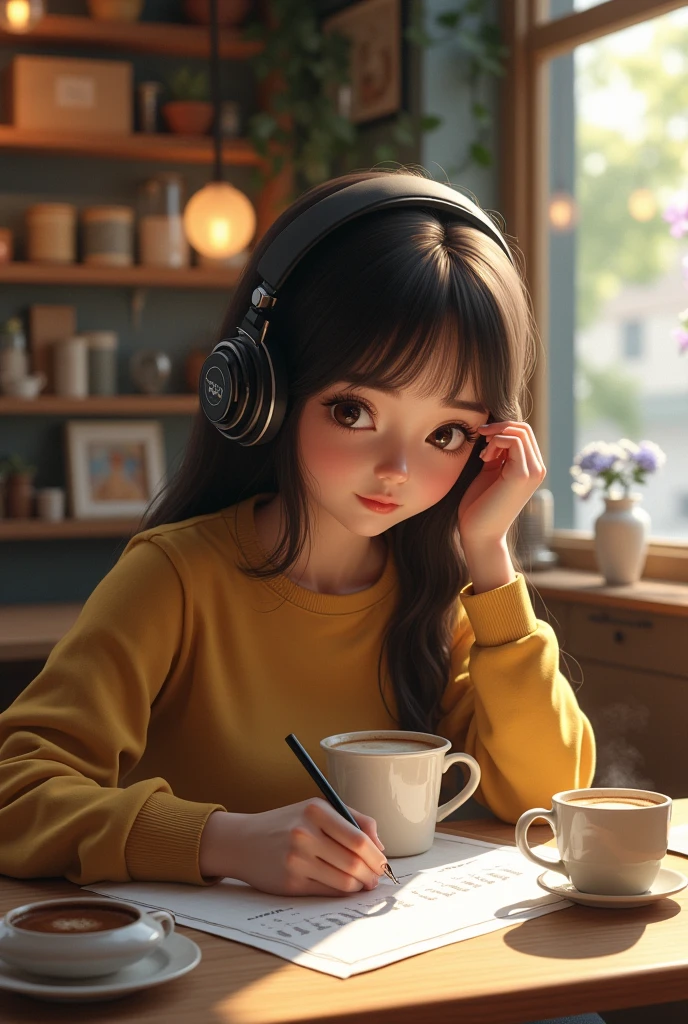 A high-definition, ultra-realistic depiction of a girl wearing headphones, sitting in a cozy coffee shop interior. She is enjoying coffee and dessert while drawing doodles on a calendar with a black pen. The scene is filled with natural lighting and detailed textures, creating a warm and inviting atmosphere. The girl's lifelike expression and the subtle reflections on the coffee cup emphasize an intimate, artistic, and calm mood.