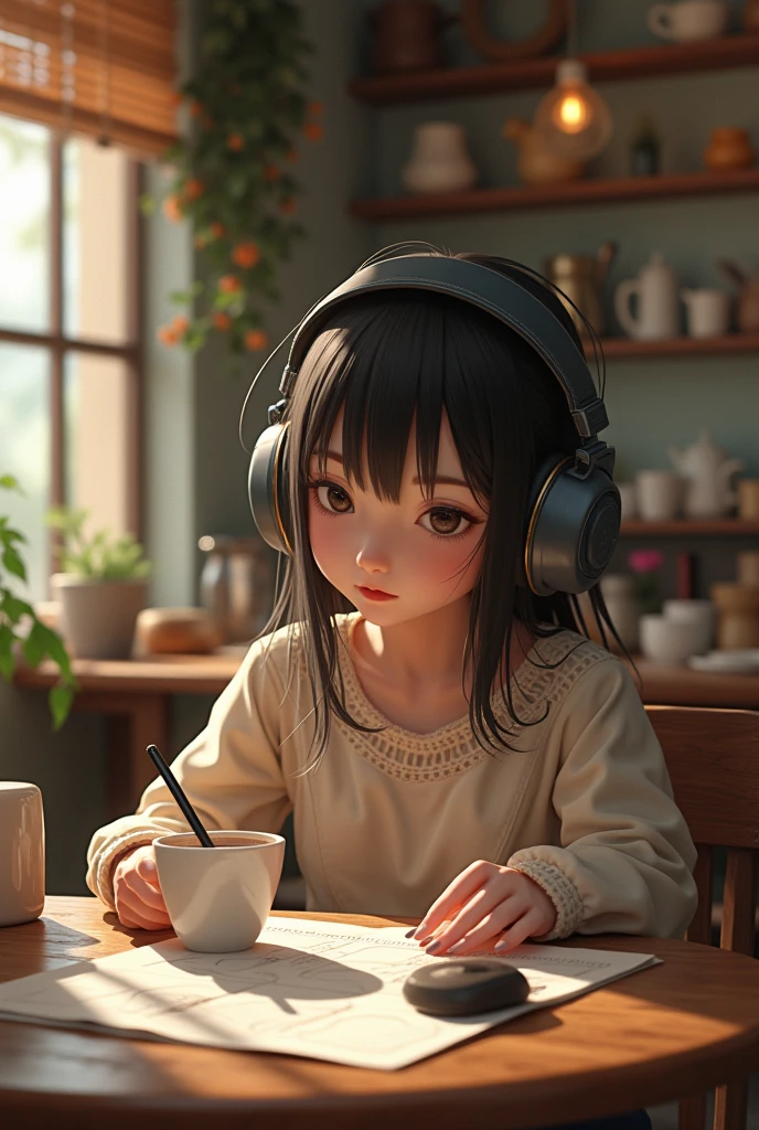 A high-definition, ultra-realistic depiction of a girl wearing headphones, sitting in a cozy coffee shop interior. She is enjoying coffee and dessert while drawing doodles on a calendar with a black pen. The scene is filled with natural lighting and detailed textures, creating a warm and inviting atmosphere. The girl's lifelike expression and the subtle reflections on the coffee cup emphasize an intimate, artistic, and calm mood.