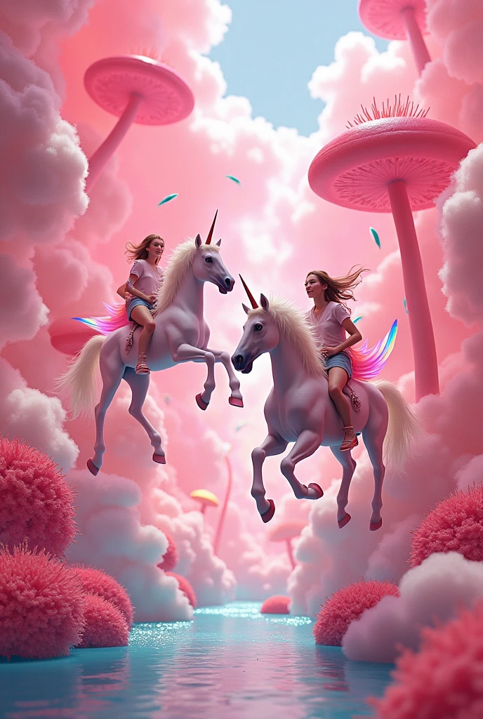 A pink world with clouds shaped like breasts. Happy flying unicorns mounted with beautiful girls that jump around and leave colorfull rainbows. Flowers shaped like spiky magic mushrooms with flying sperm around
in a futuristic defined creation
