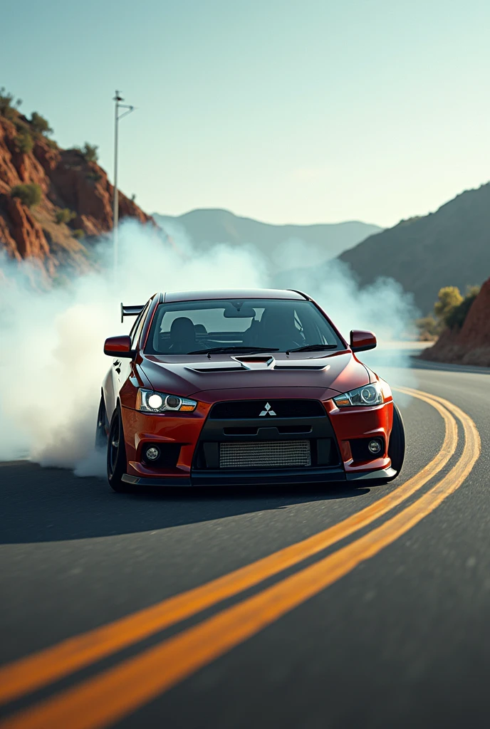 automobile,Mitsubishi lancer evolution,Tuning, omitted, front intercooler, bitumen single lane road, Drift, smoke, HDR, photo realistic