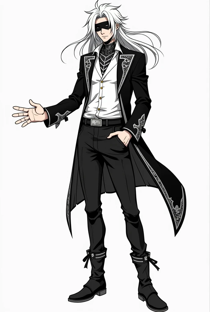 Create a humanized manga-style drawing of a man with the characteristics of Satoru Gojo and Flynn Rider, Full body and black and white