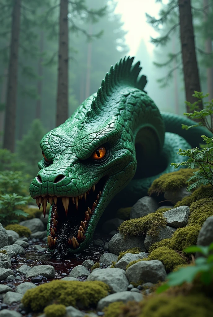 Two died green hydra head,cut head,huge,sleep ,back fin,black blood,on floor, rock floor,pine forest 