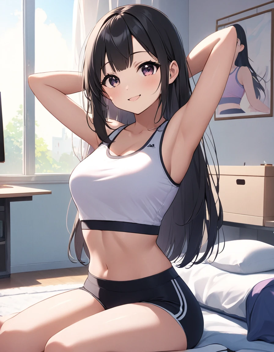 Girl,cute,kawaii,Chest to head,smile,Straight Hair,Long Hair,Black Hair,sitting,my room,sports bra top,looking at the camera,Raise your arms,Stretching, daylight